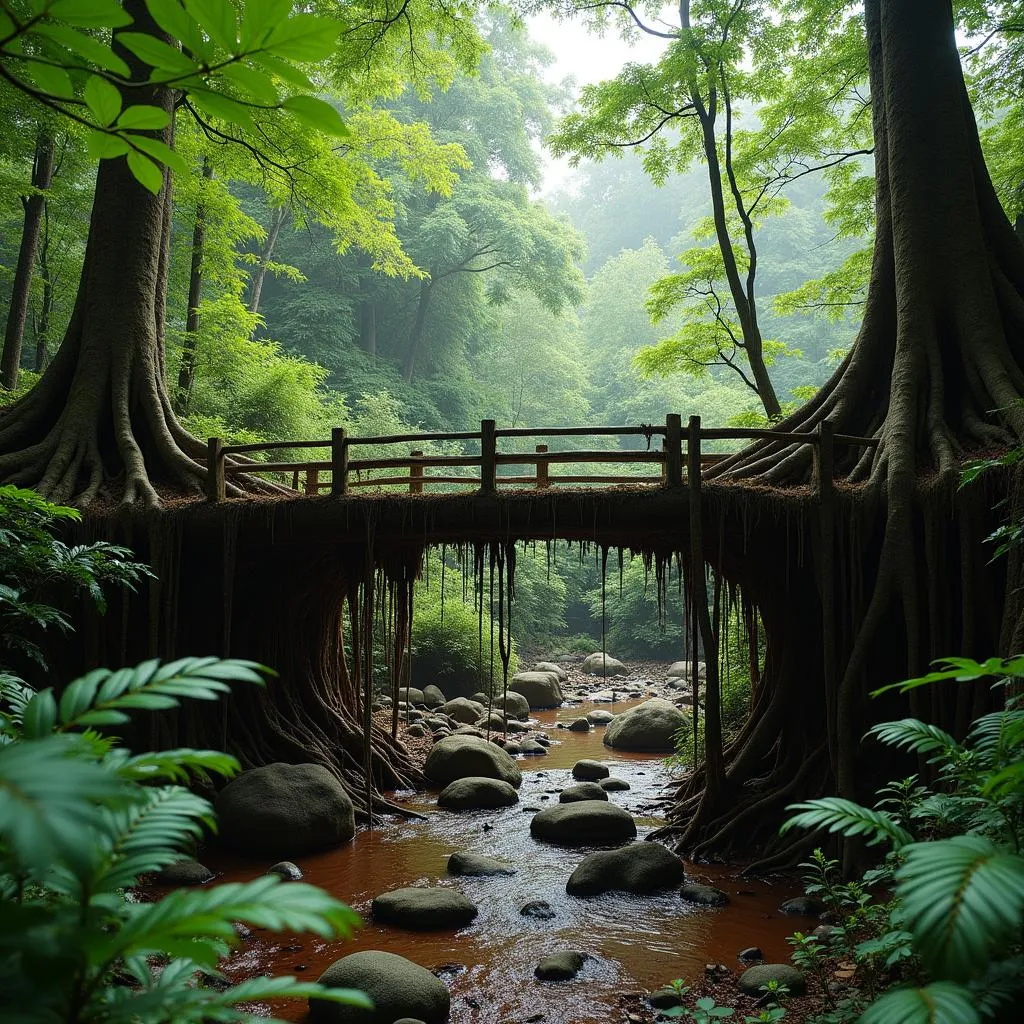 Double Decker Living Root Bridge in lush green forest