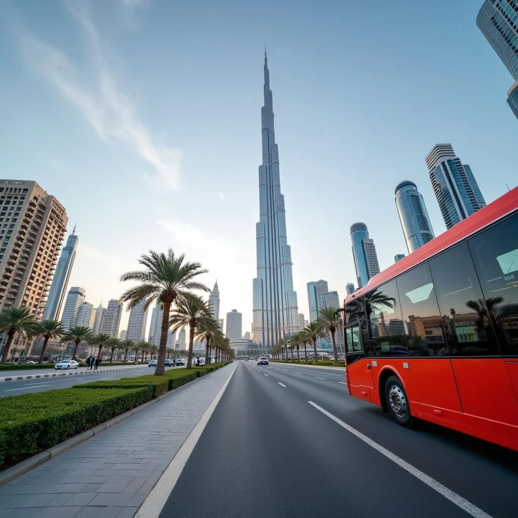 Dubai Boulevard bus tour with a view of the majestic Burj Khalifa