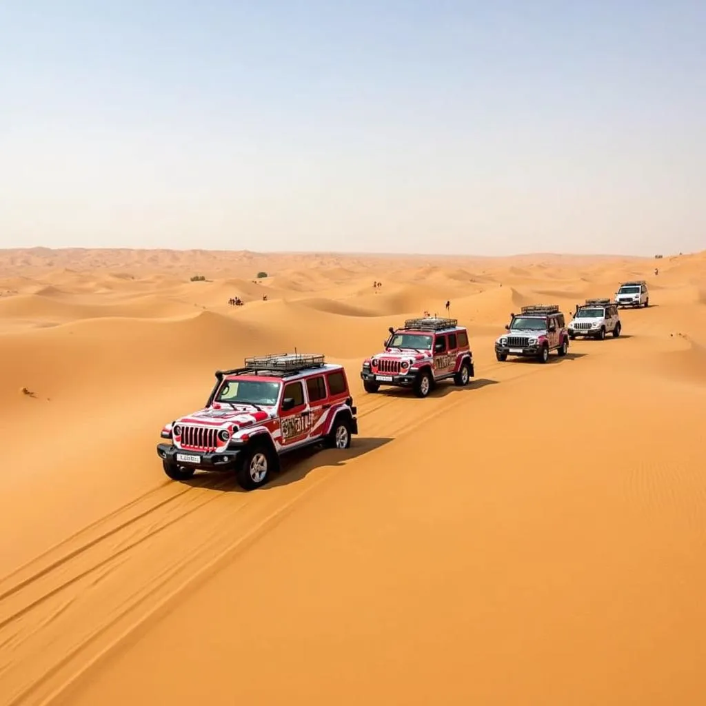 Tourists enjoying a thrilling dune bashing experience in a 4x4 vehicle during a desert safari adventure in Dubai