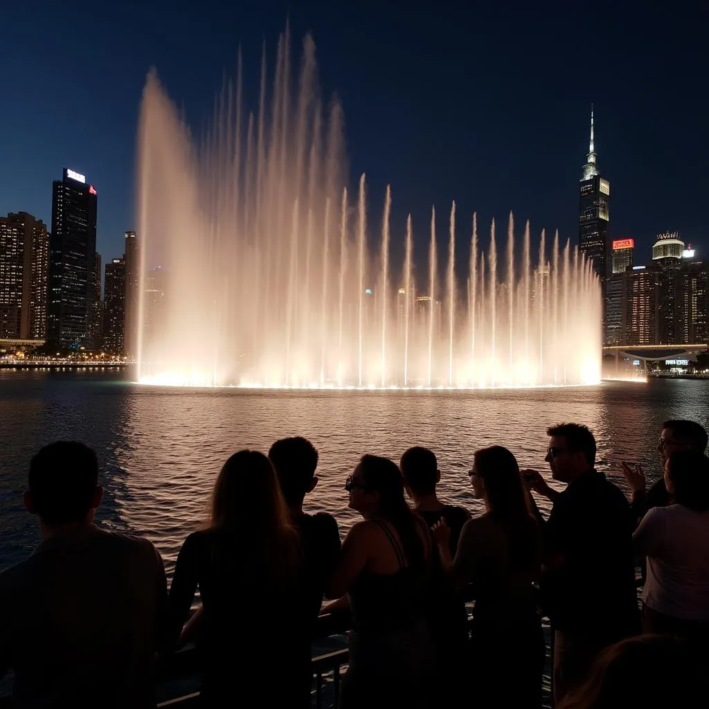 Dubai Fountain's mesmerizing night show viewed from a Boulevard bus tour