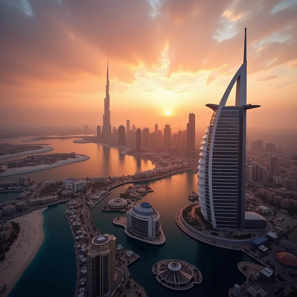 Dubai skyline bathed in golden light at sunset