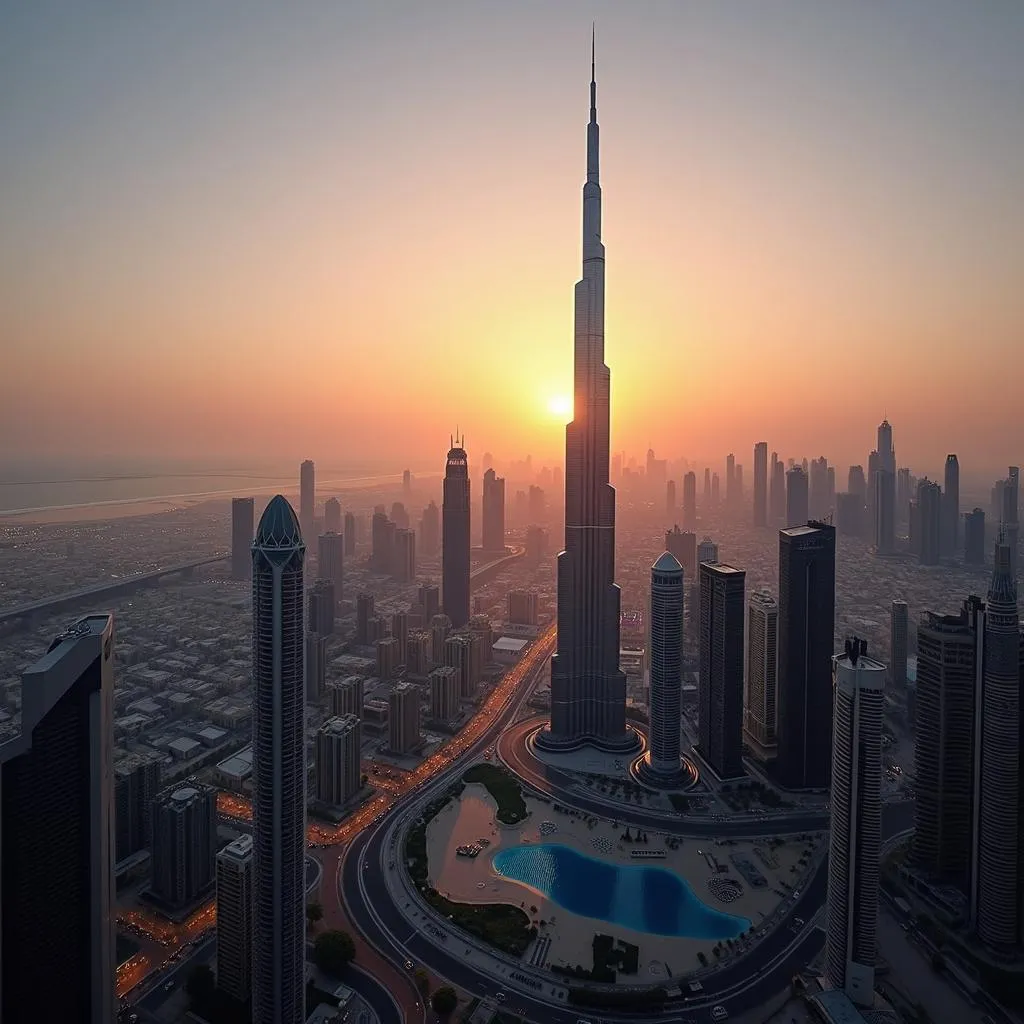 Dubai skyline panoramic view at sunset