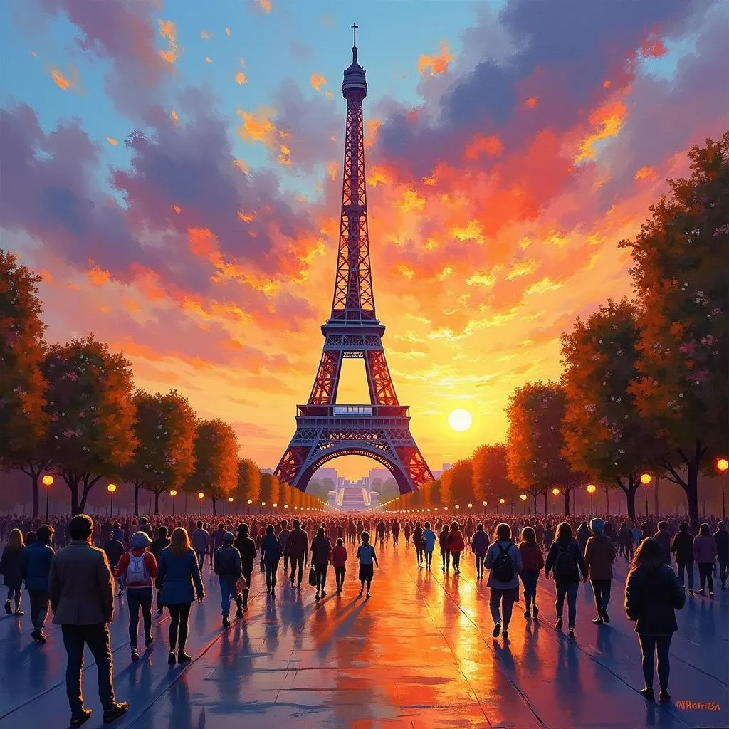 Impressionist Painting of the Eiffel Tower at Sunset