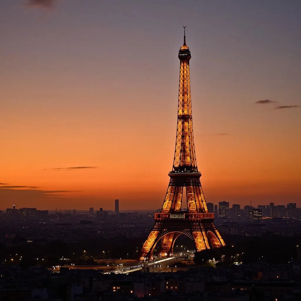 Eiffel Tower overlooking Paris cityscape at sunset