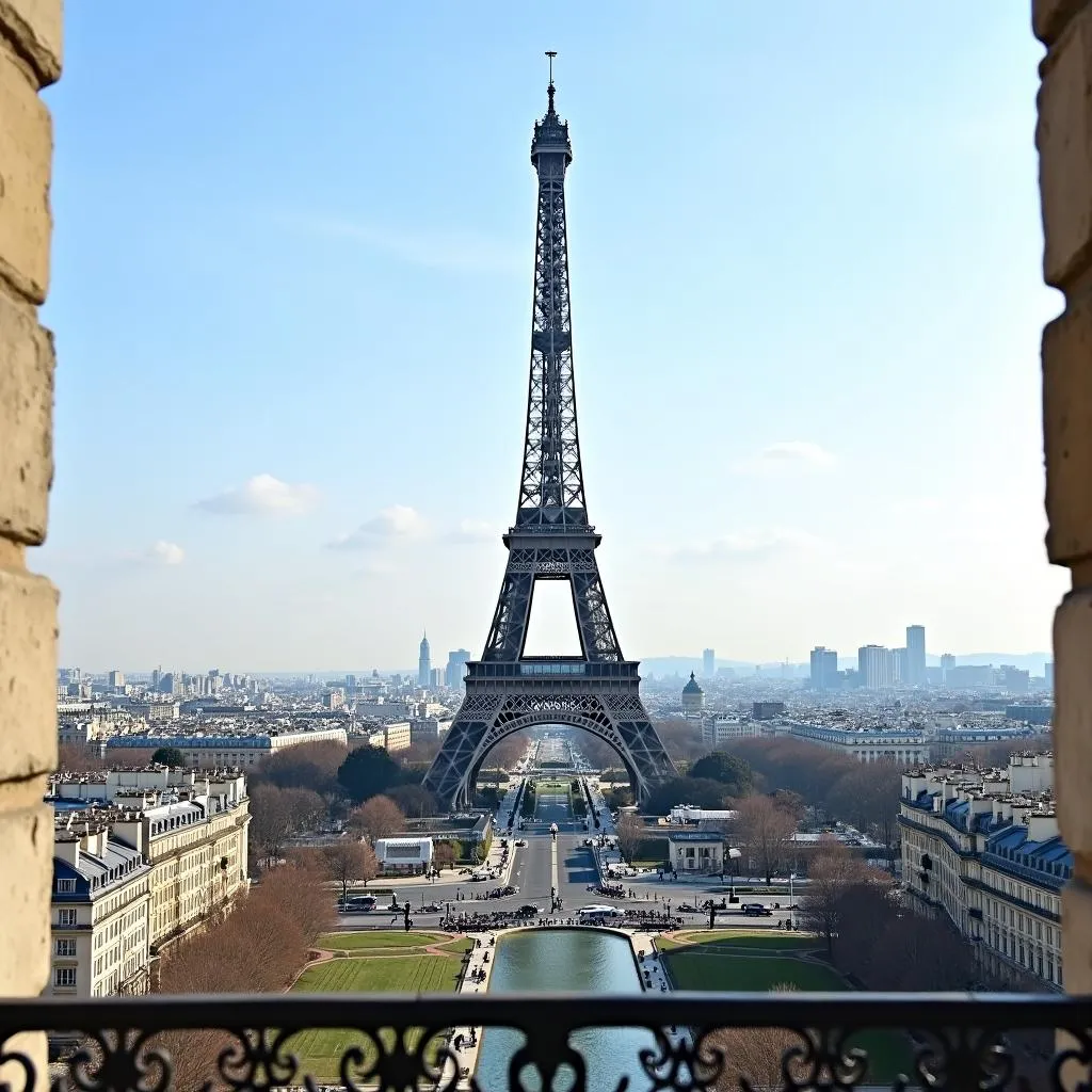 Eiffel Tower soaring above Parisian rooftops