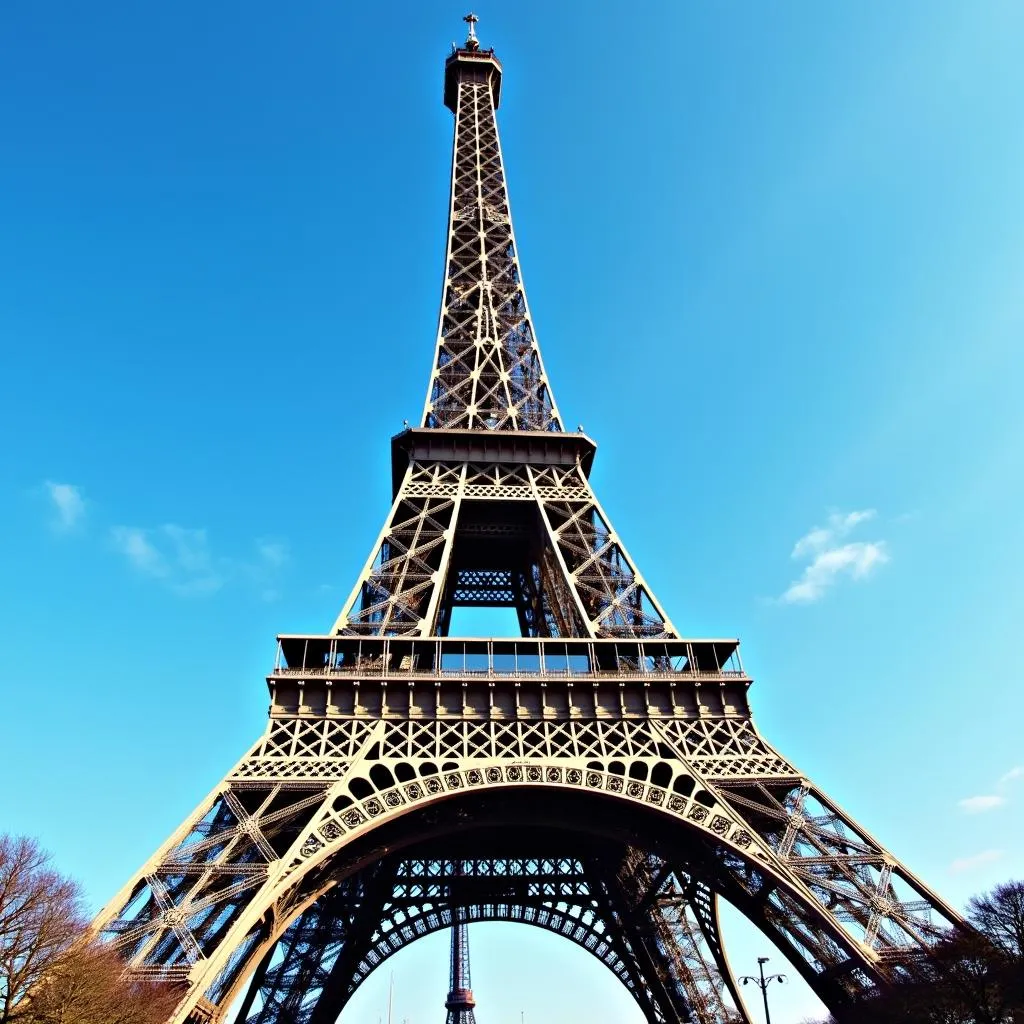 Eiffel Tower against a clear blue sky in Paris, France