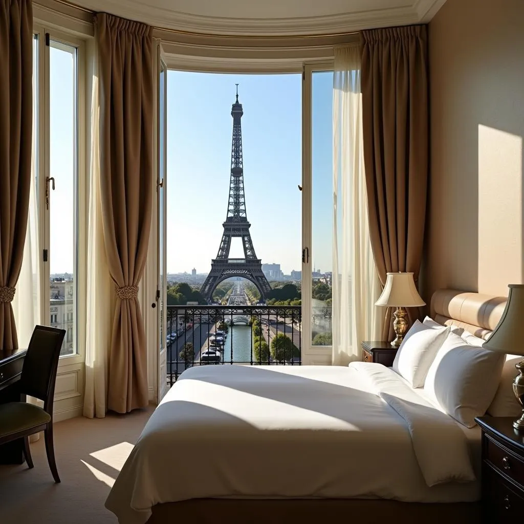 Parisian hotel room with Eiffel Tower view