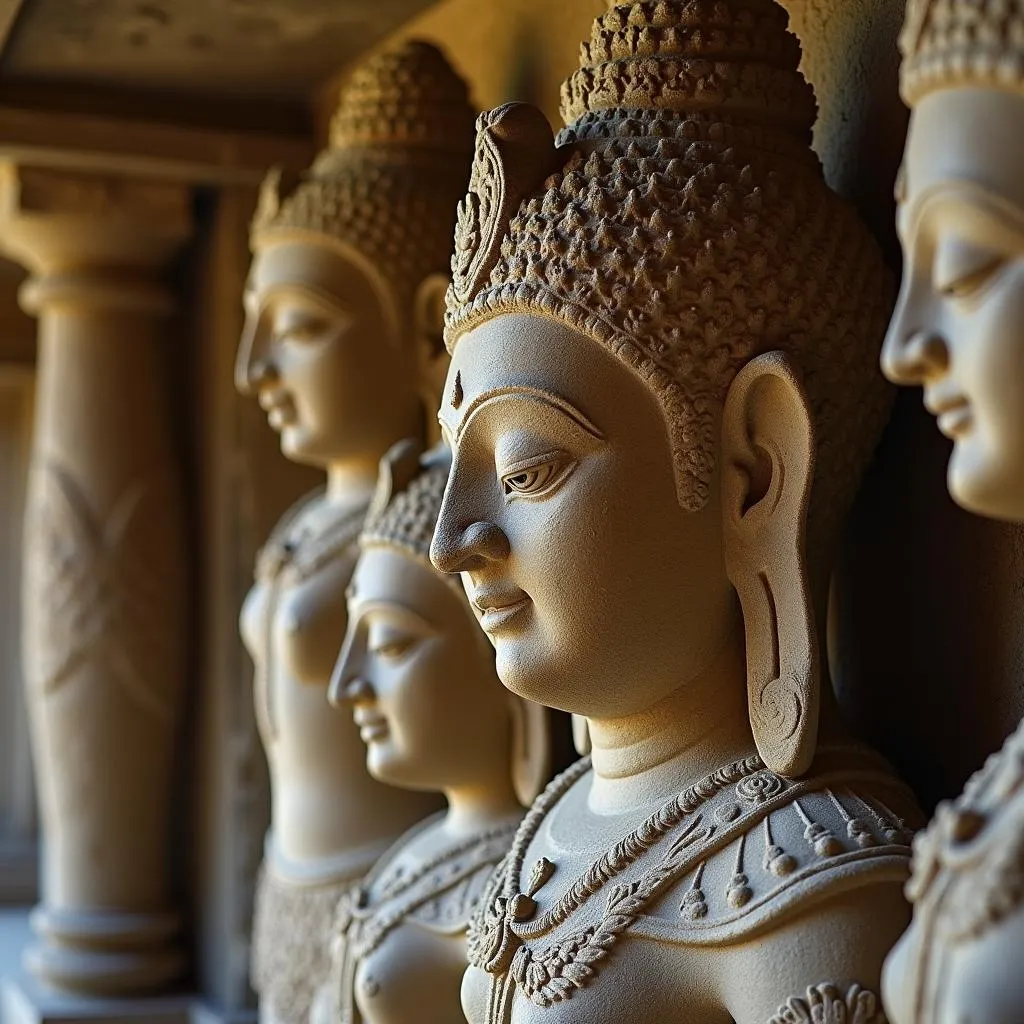 Intricate rock-cut sculptures inside the Elephanta Caves