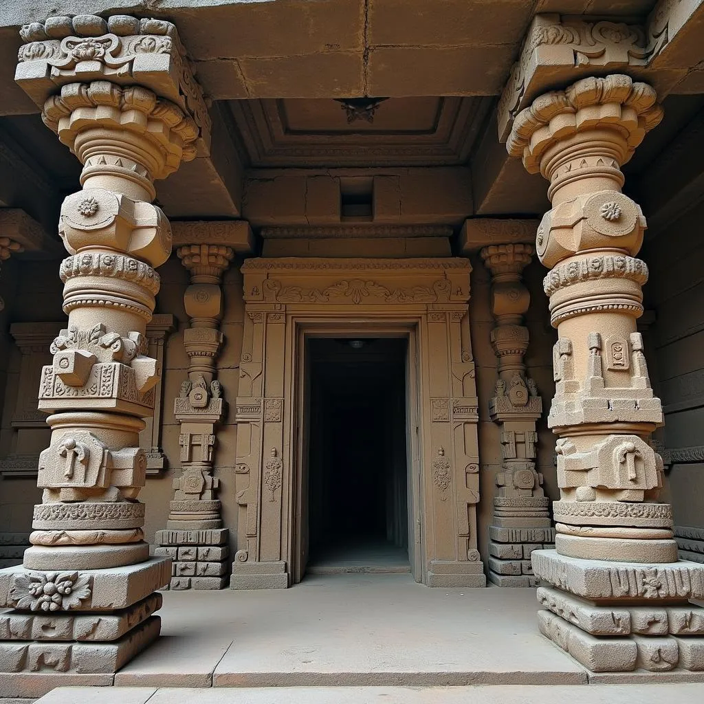 The Kailasa Temple at Ellora Caves with intricate carvings and towering structure.