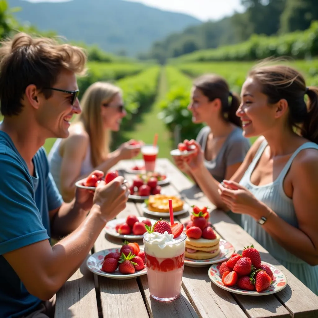 Tourists enjoying strawberry treats at Mapro Garden