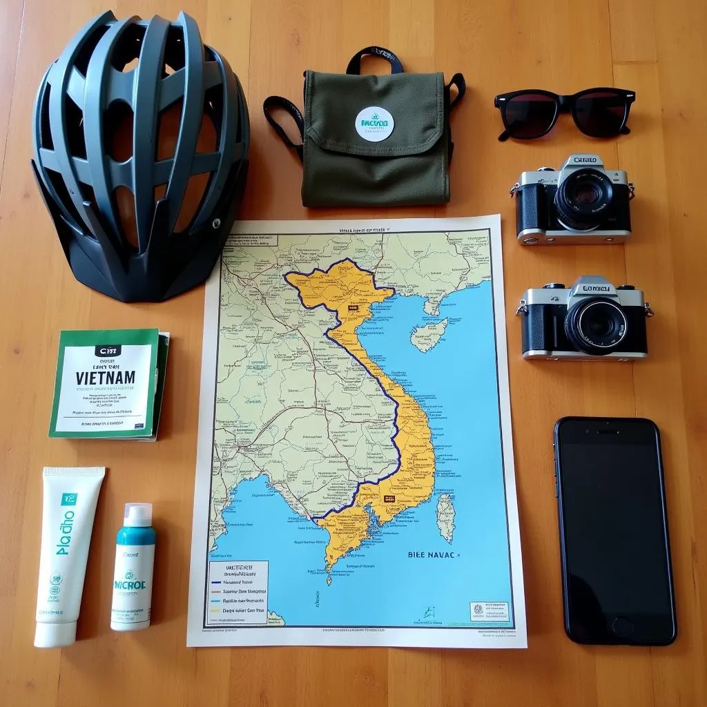 Flat lay of essential gear for a biking tour in Vietnam