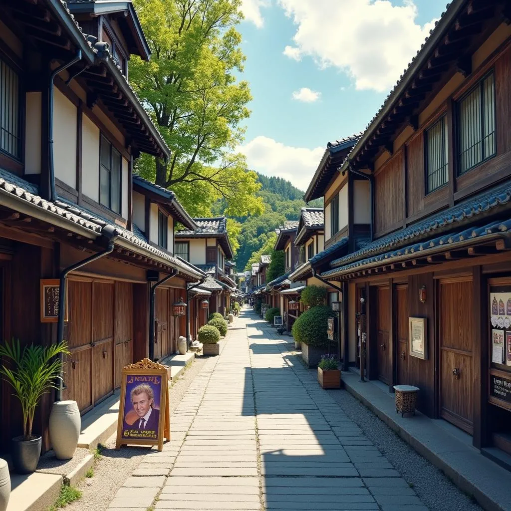 Exploring a traditional Japanese street in Kyoto with John Mayall concert poster in the background.