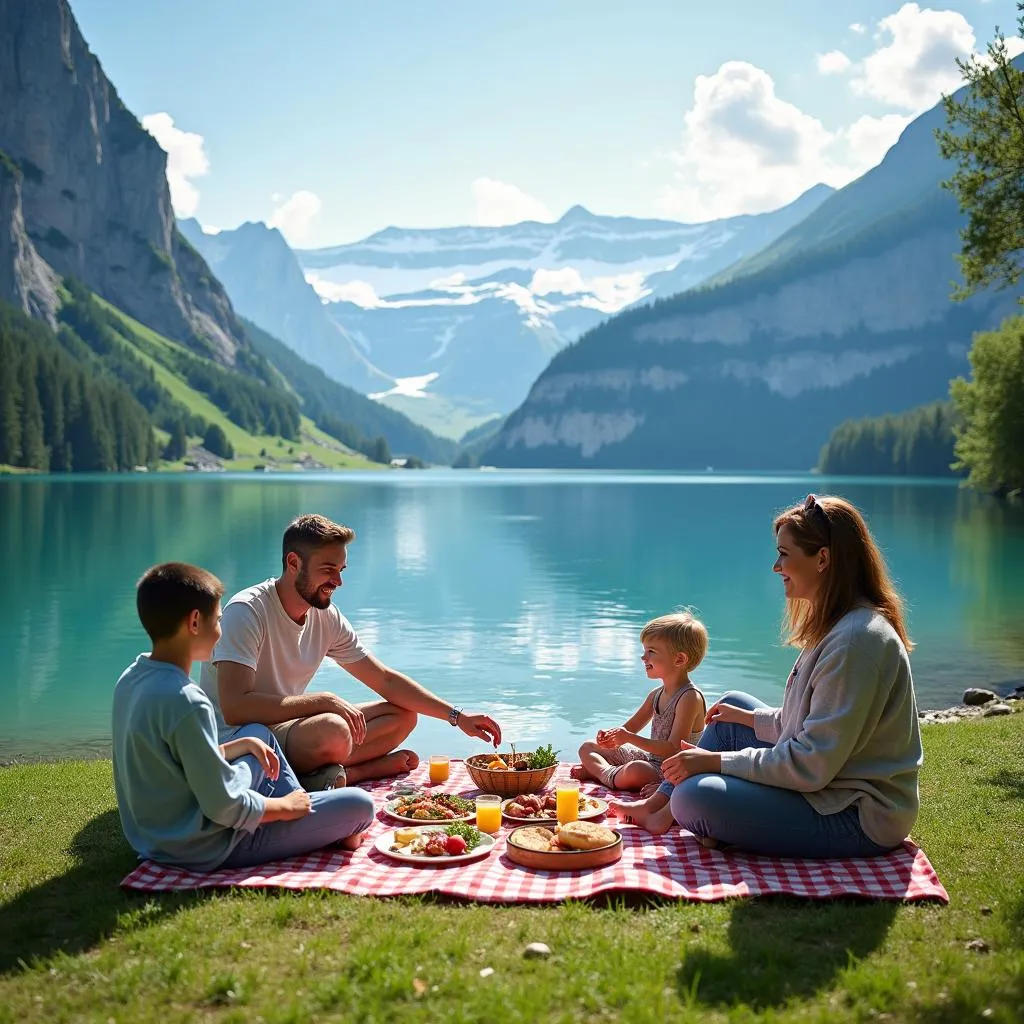 Family enjoying a delightful picnic by a picturesque Swiss lake