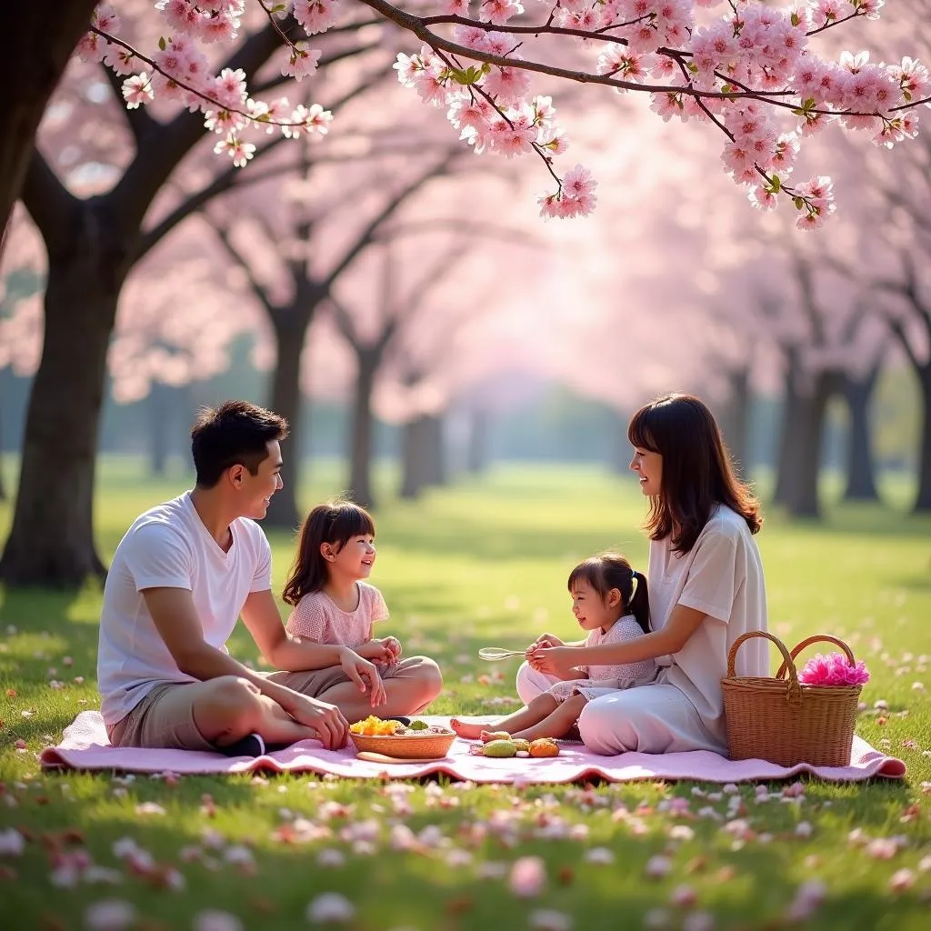 Family picnic under blooming cherry blossom trees in Japan