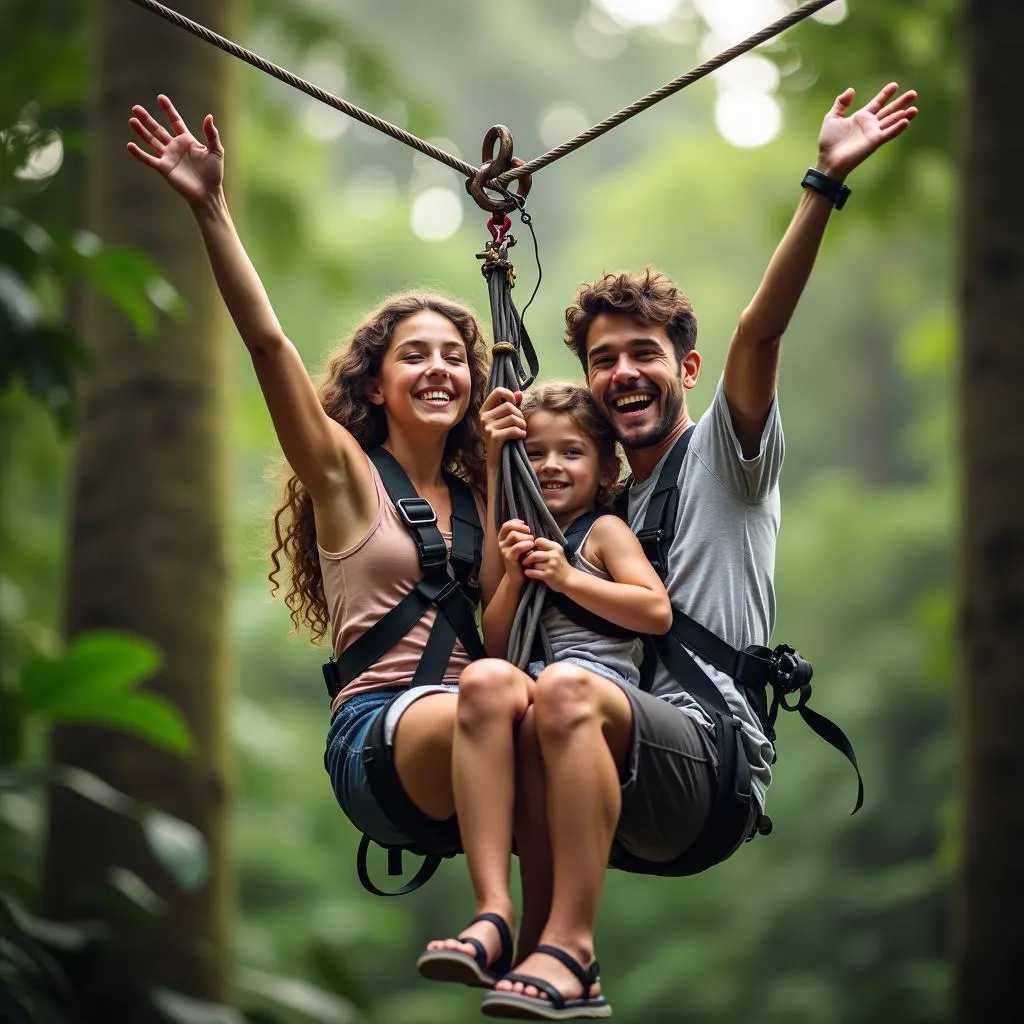 A family enjoys ziplining through the rainforest canopy in Costa Rica