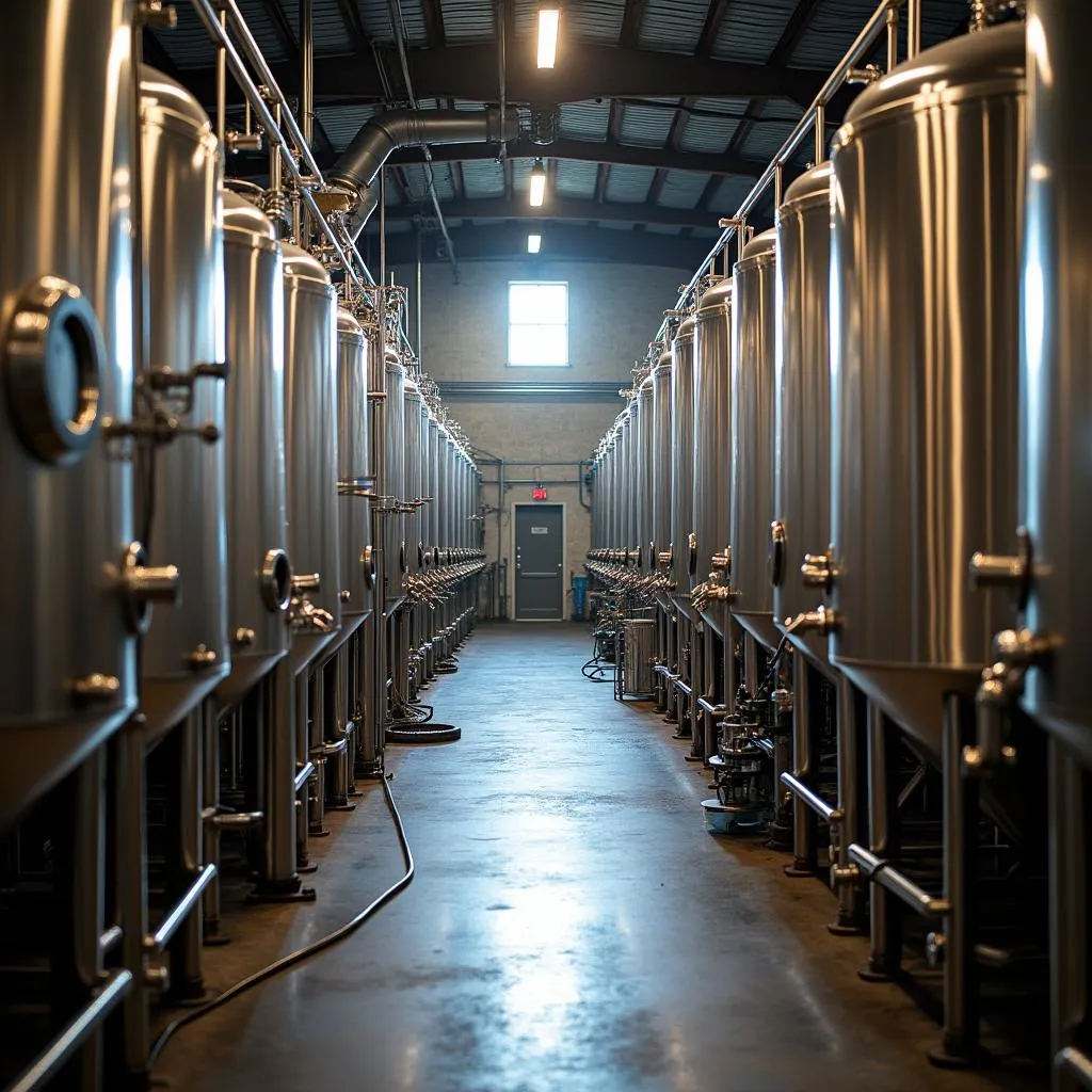 Rows of stainless steel fermentation tanks inside the distillery