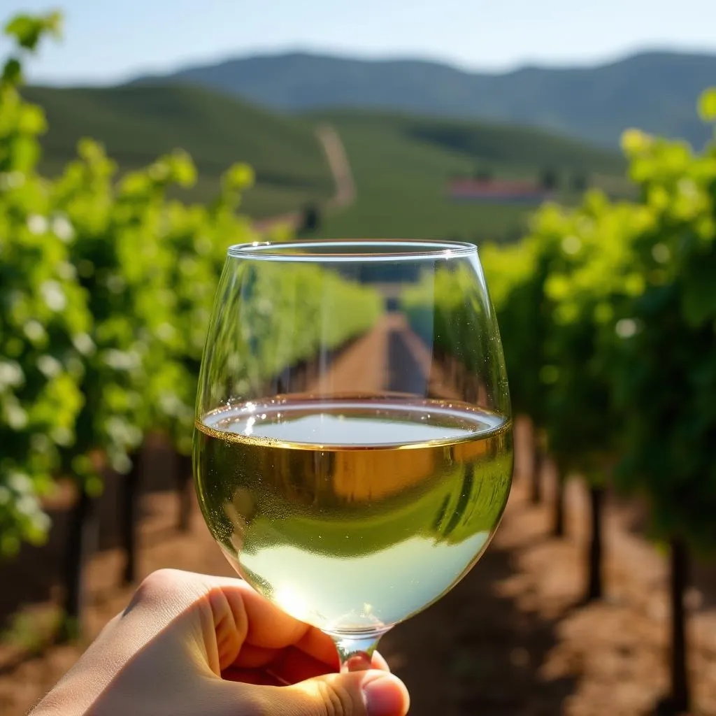 Fiano di Avellino wine glass in a vineyard