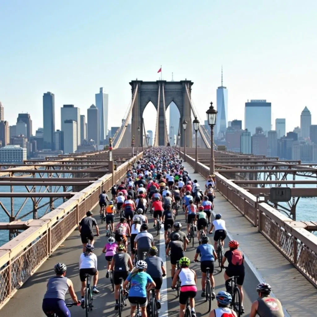 Cyclists pedaling across the Verrazano-Narrows Bridge during the 5 Borough Bike Tour