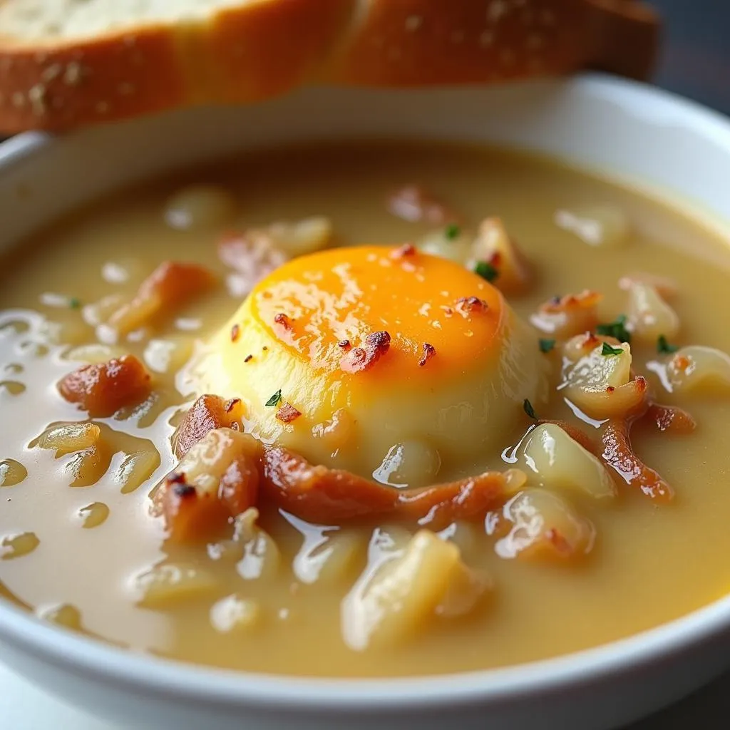 A steaming bowl of French Onion Soup with melted Gruyere cheese on top