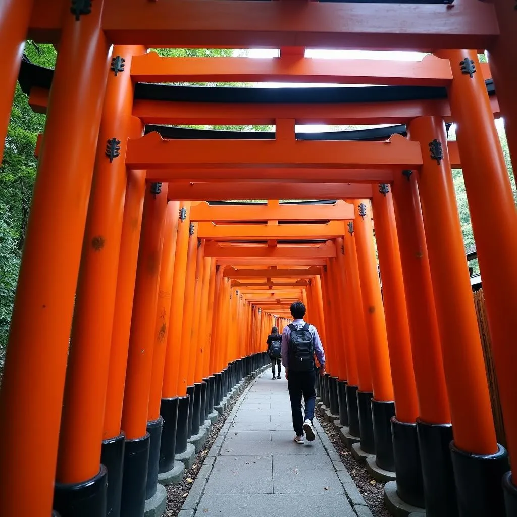 Walking through the iconic red torii gates at Fushimi Inari Shrine in Kyoto