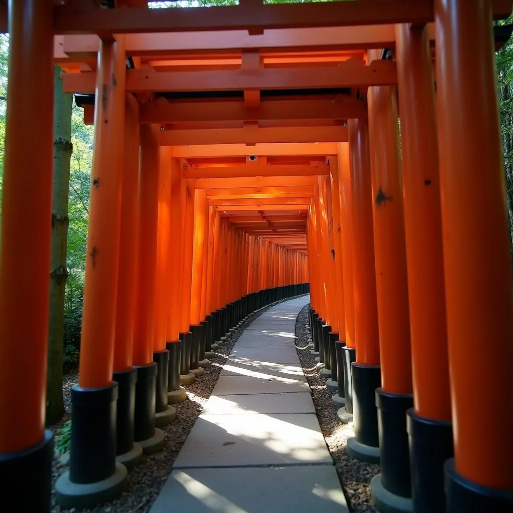 Thousands of vibrant red torii gates winding through a lush forest path at Fushimi Inari Shrine