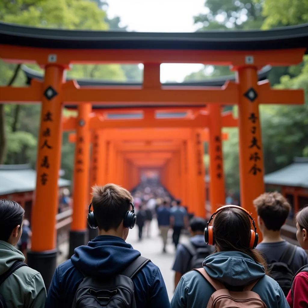 Tourists using a tour guide audio system at Fushimi Inari Shrine