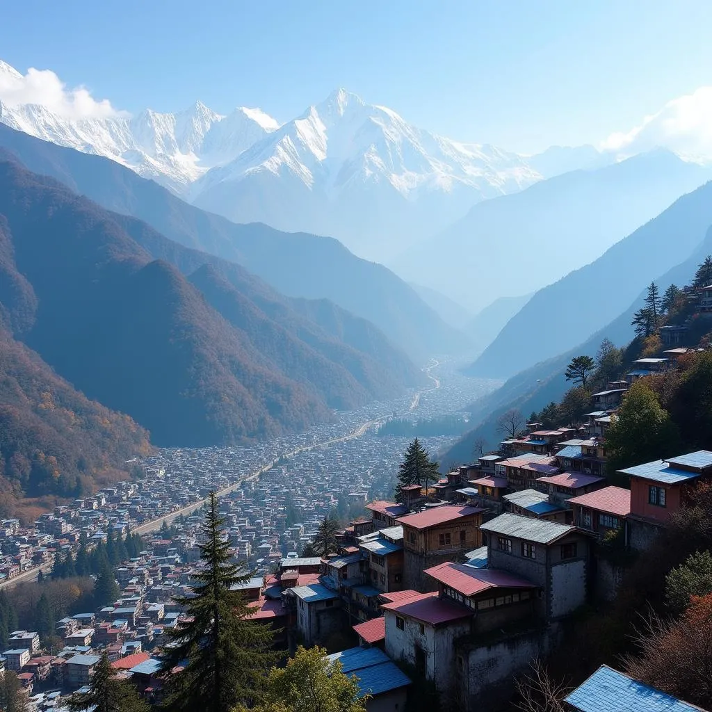 Gangtok city view with colorful houses and mountains in the background