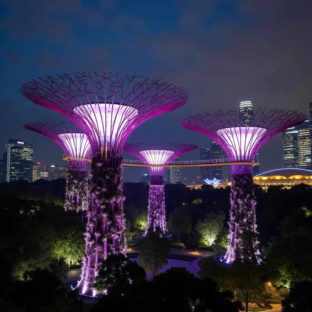 Gardens by the Bay Singapore Supertrees illuminated at night.