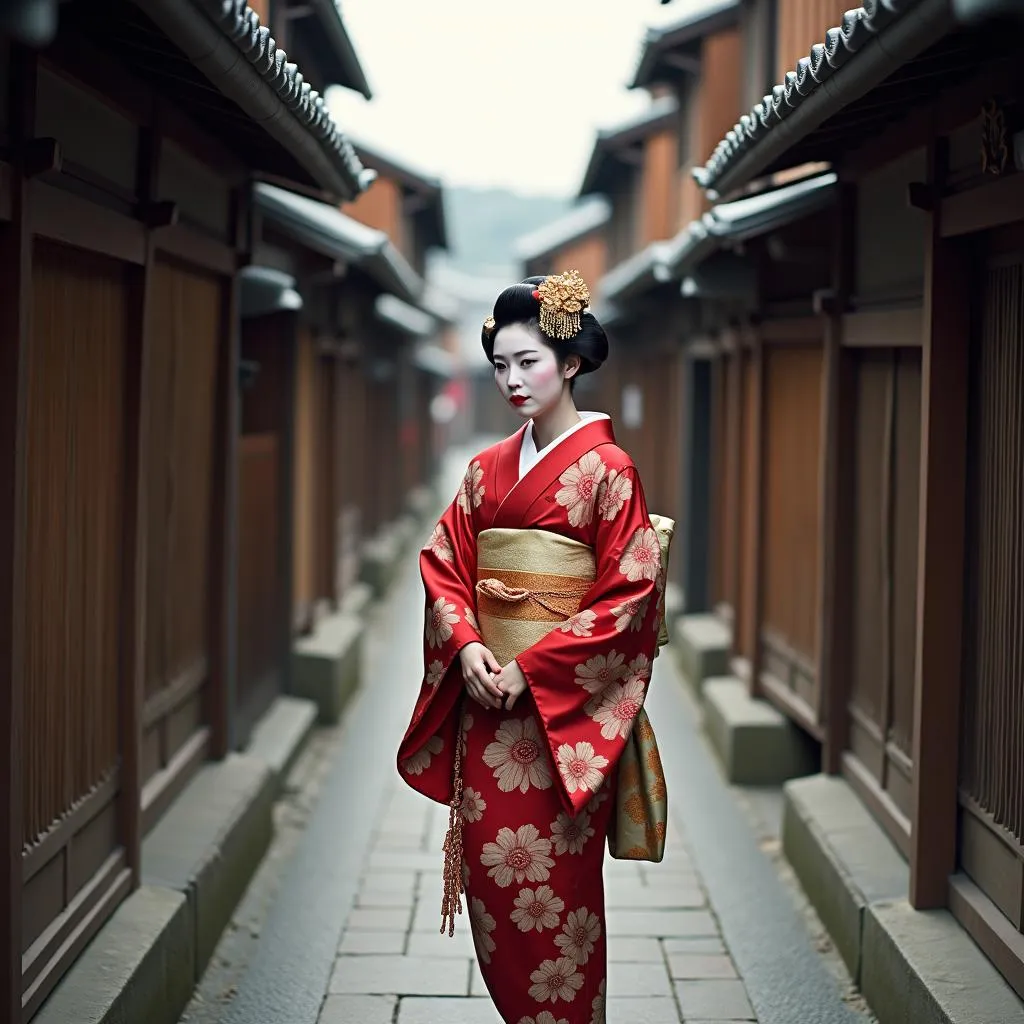 A Geisha in an elegant kimono gracefully walks down a traditional Japanese street lined with wooden houses.