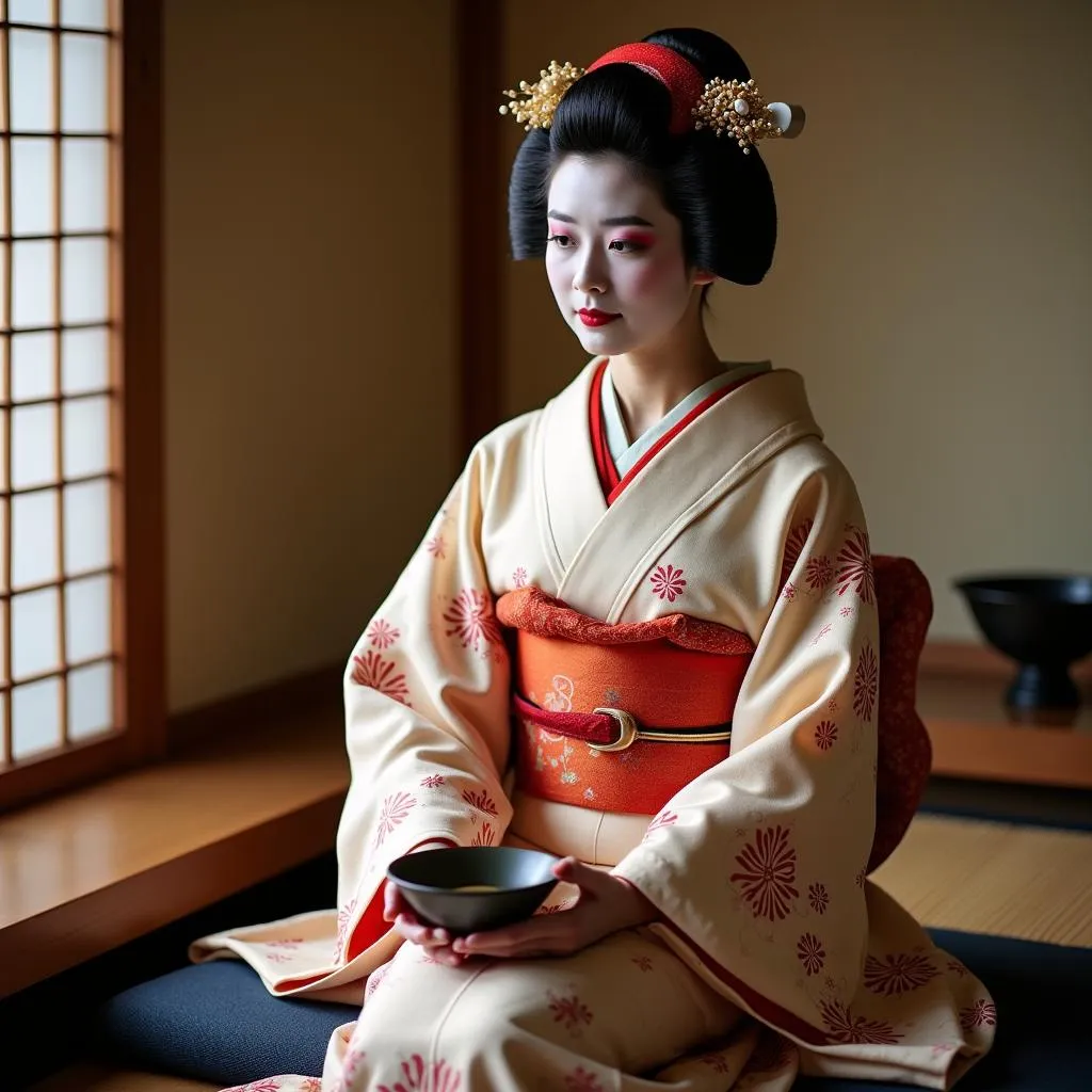 Geisha in Traditional Kimono Performing a Japanese Tea Ceremony