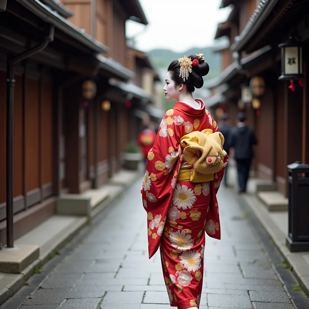 Geisha in a colorful kimono walking down a street in Kyoto.