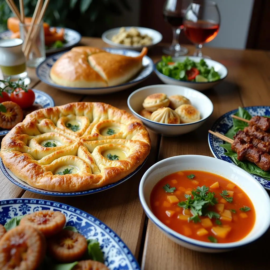 A table laden with traditional Georgian dishes.