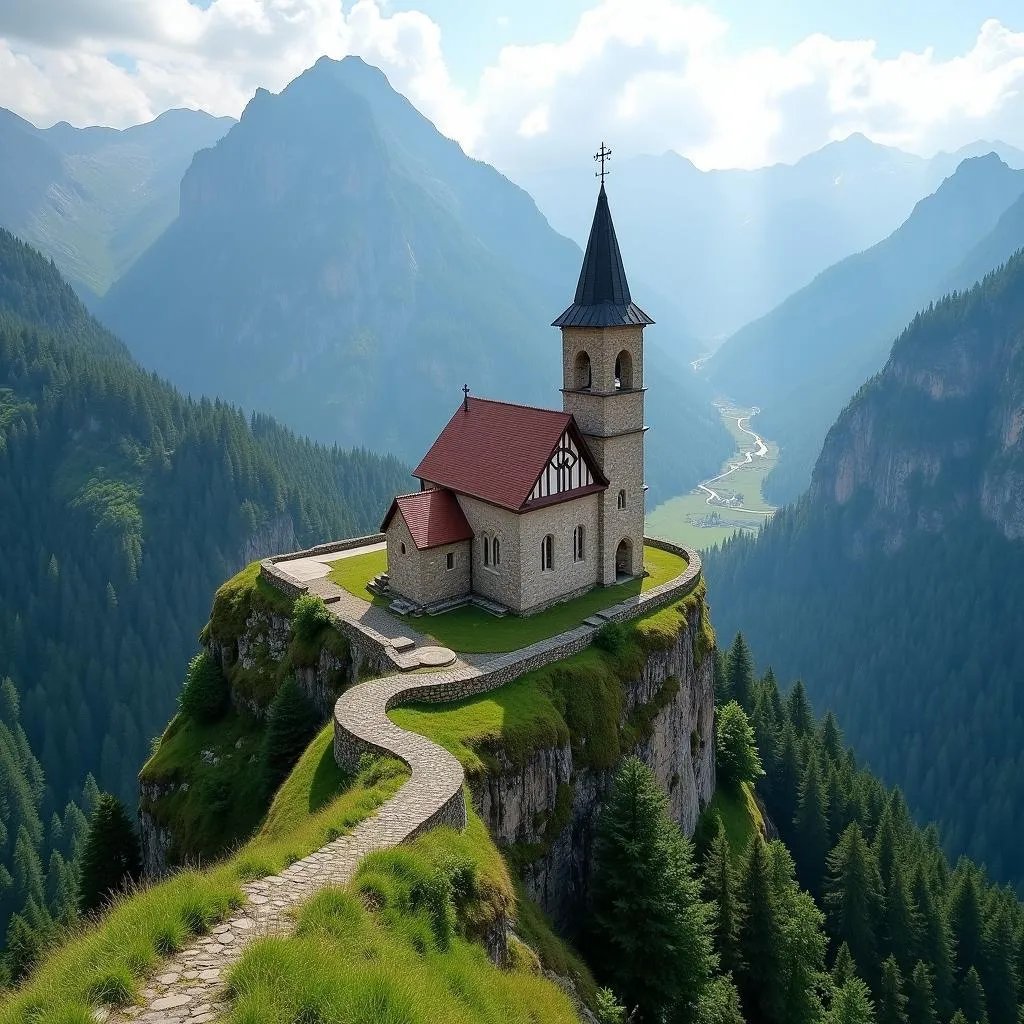 The Gergeti Trinity Church standing tall against a backdrop of majestic mountains.