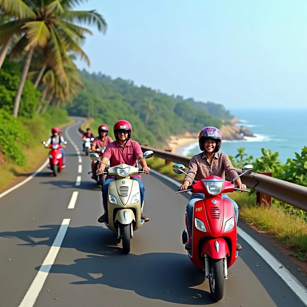 Tourists riding scooters along the coastal road in Goa