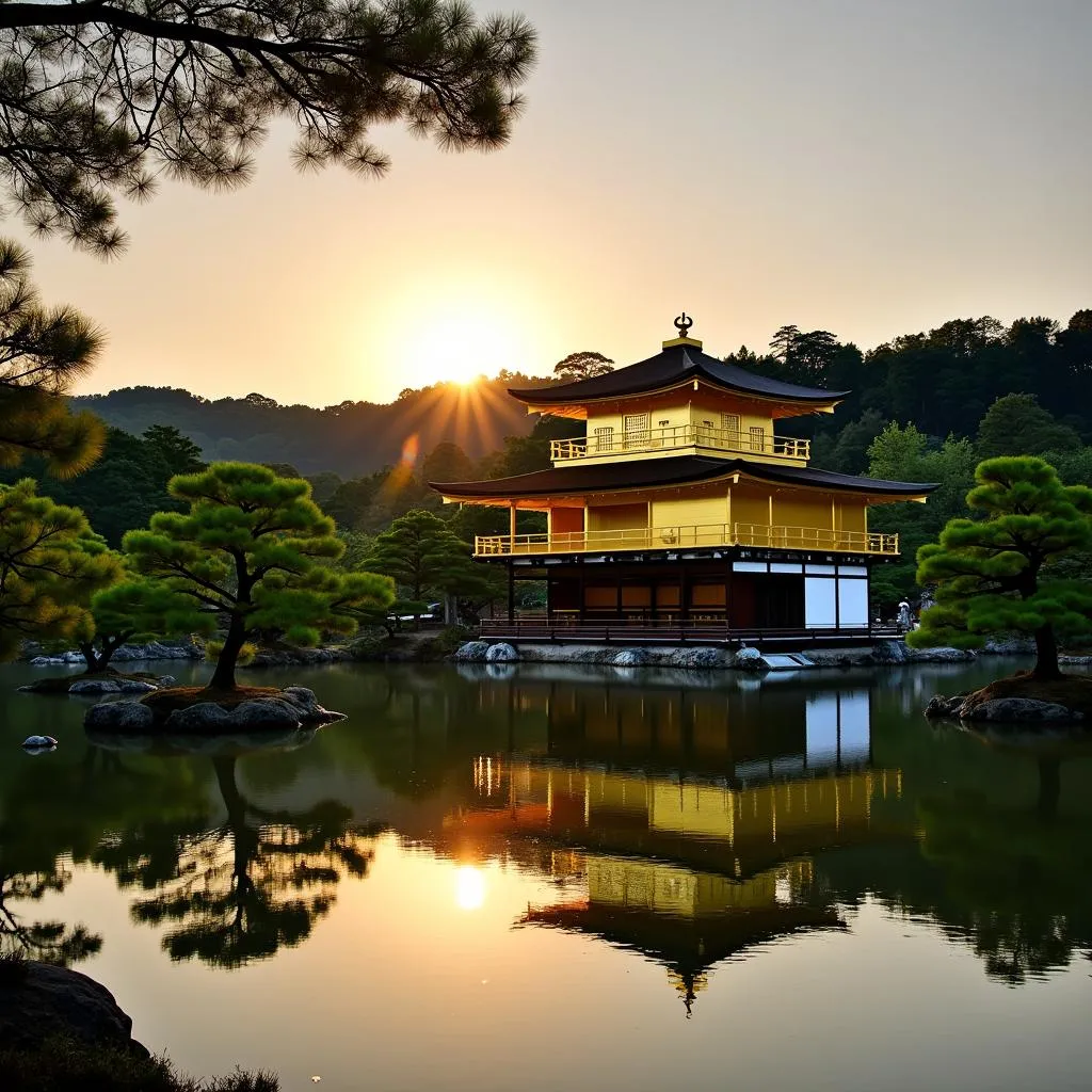 Golden Pavilion in Kyoto, Japan at sunset