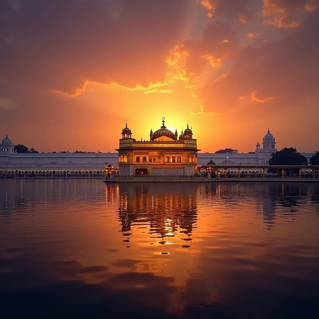 Golden Temple silhouette against a vibrant sunset