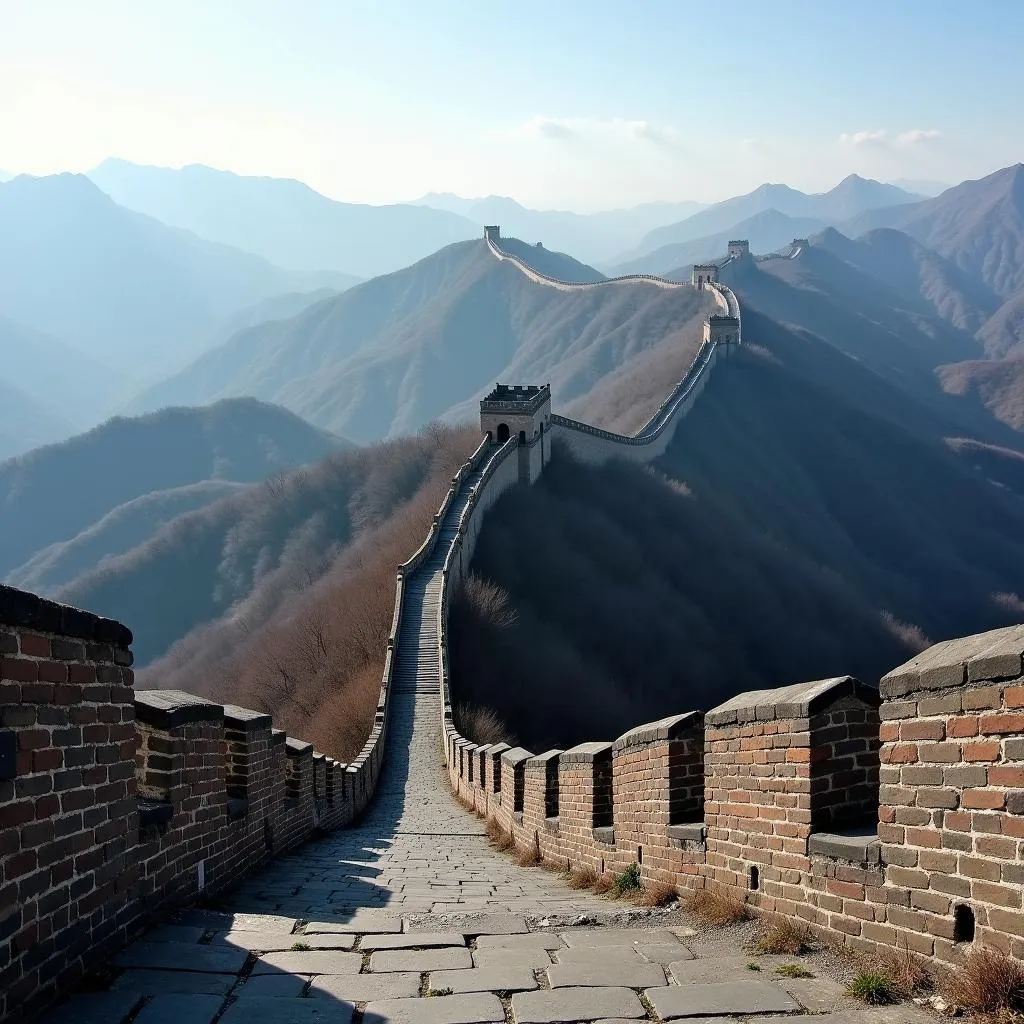 The Great Wall of China snaking through a mountainous landscape