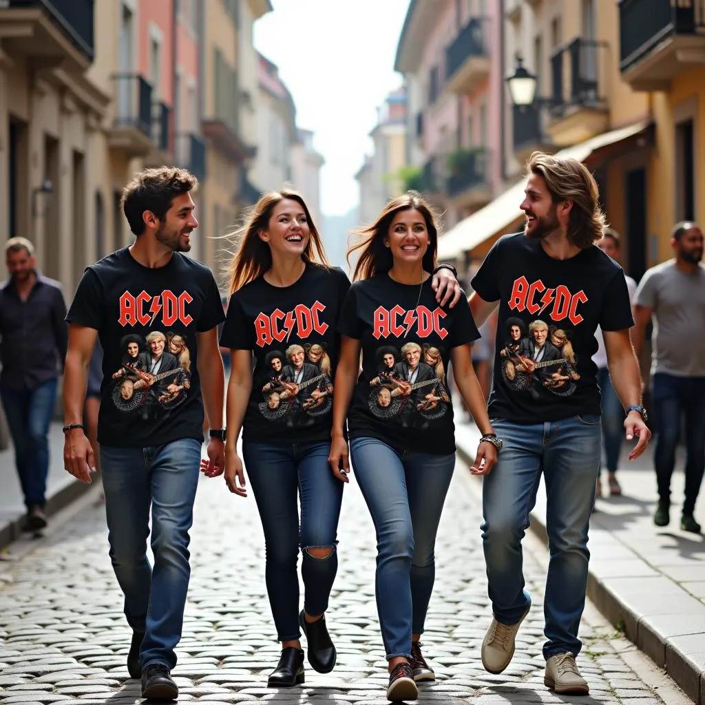 A group of friends wearing AC/DC t-shirts explore a European city