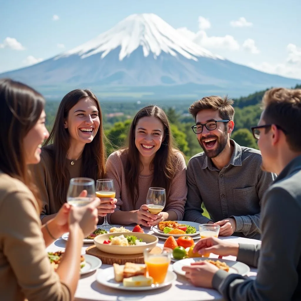 Group of Friends Enjoying a Picnic Near Mount Fuji