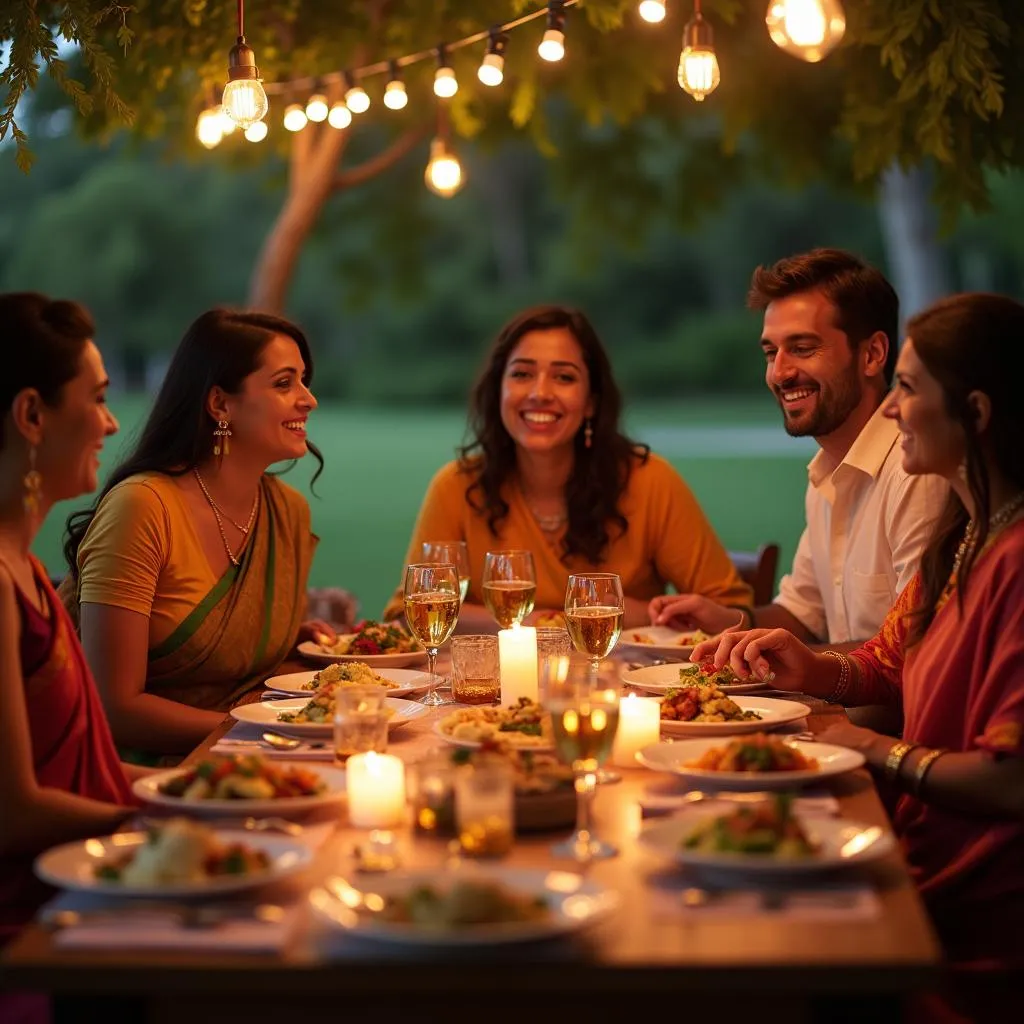 Group of golfers enjoying a traditional Indian dinner in an outdoor setting