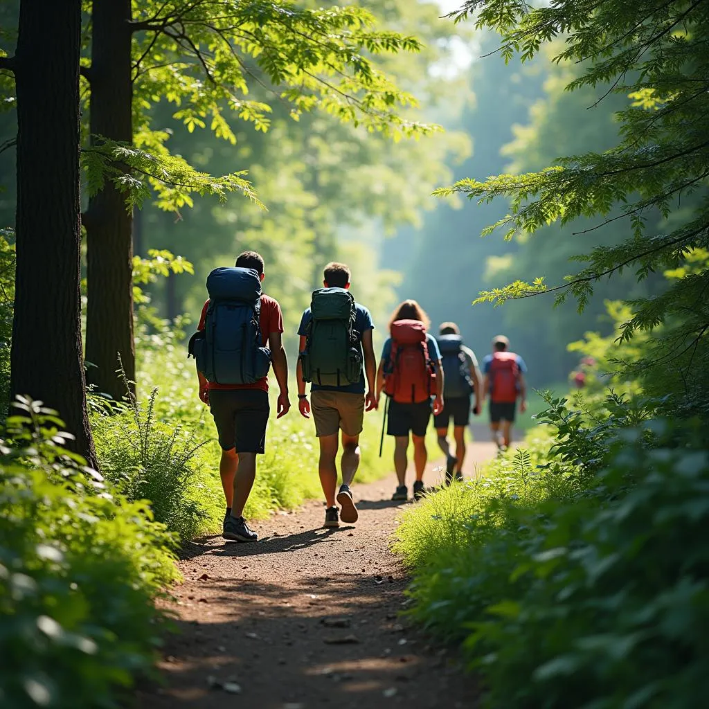 Group of Hikers on a Forest Trail in Japan