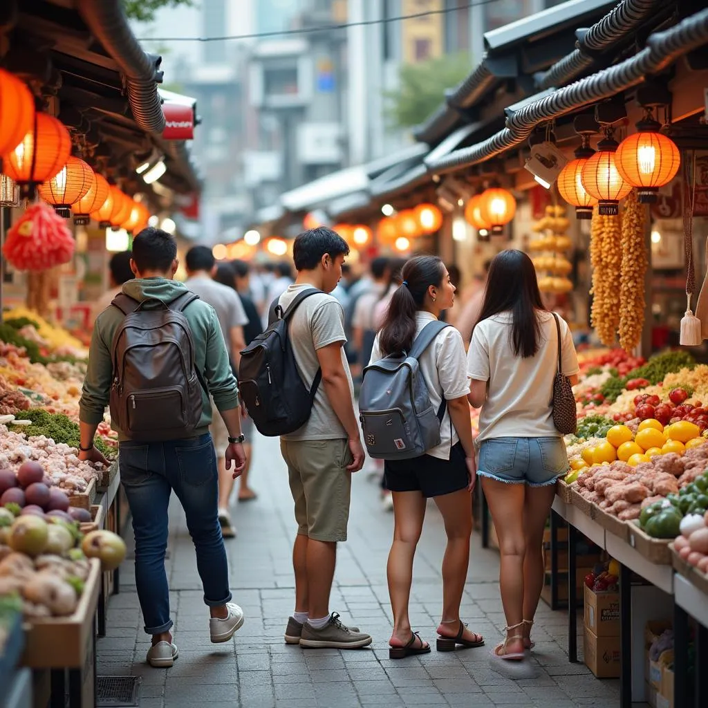 Group of Travelers Exploring Local Japanese Market