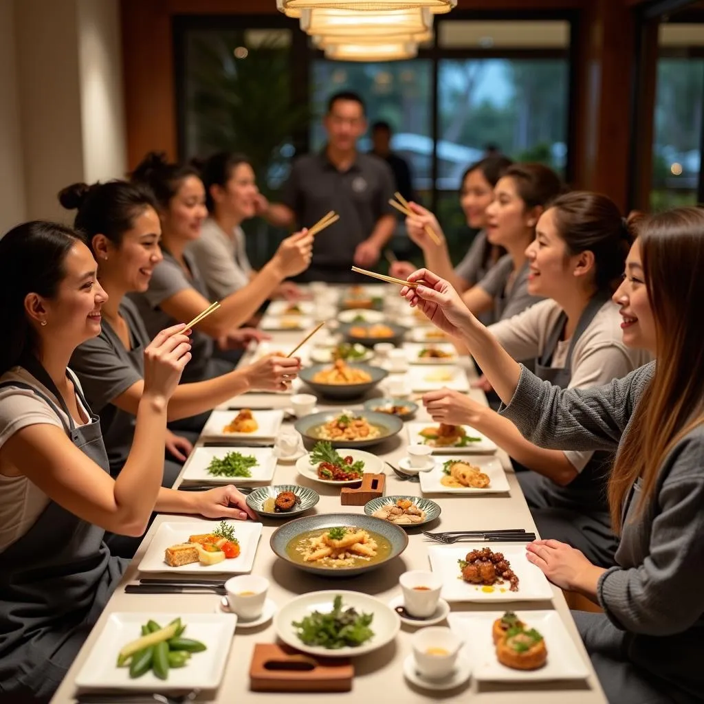 Group of tourists enjoying a Japanese meal together