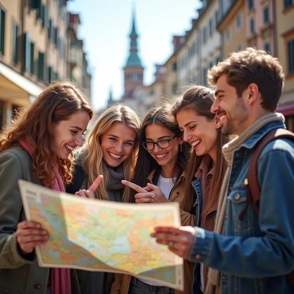 Group of Tourists Exploring with a Map