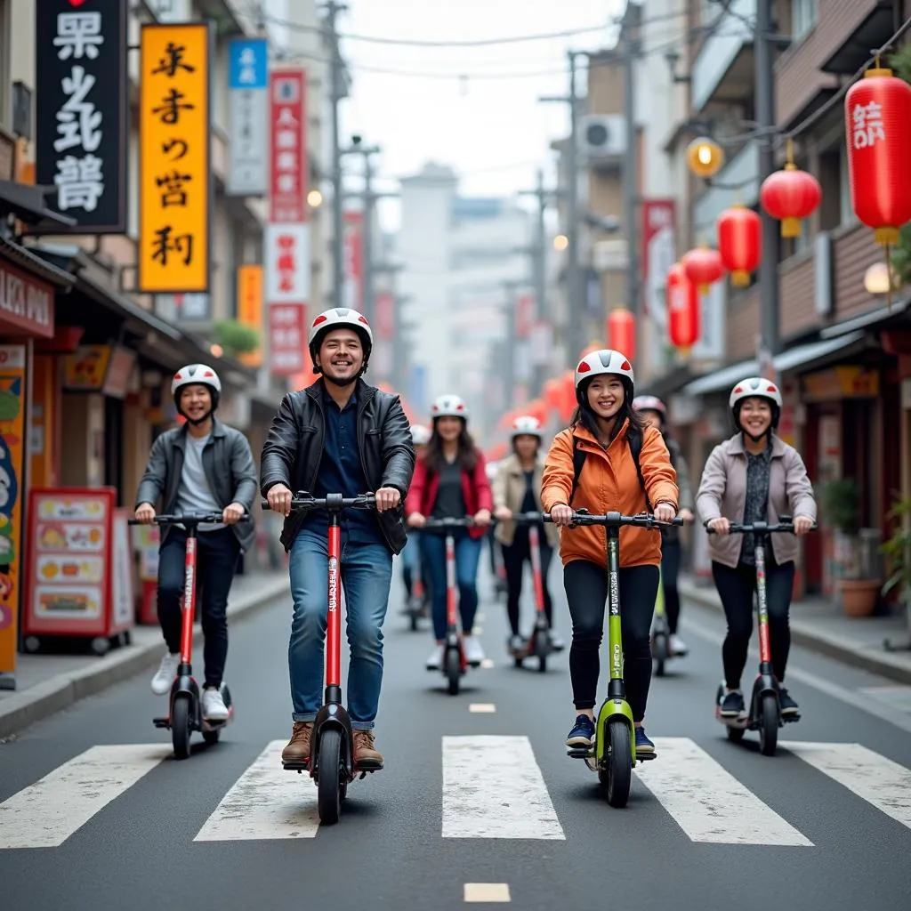 Group of tourists riding electric scooters through a vibrant Tokyo street