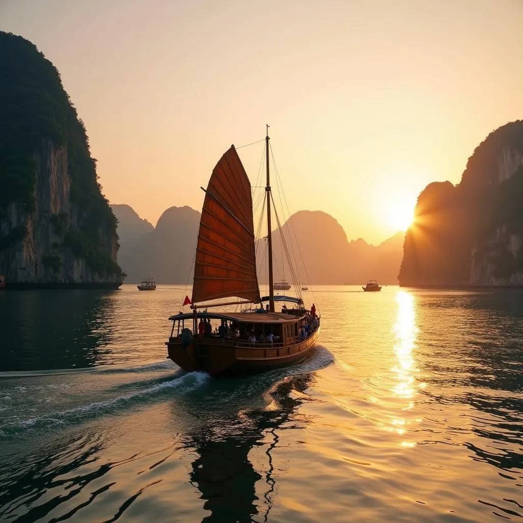 Traditional Vietnamese boat sailing on Ha Long Bay at sunset