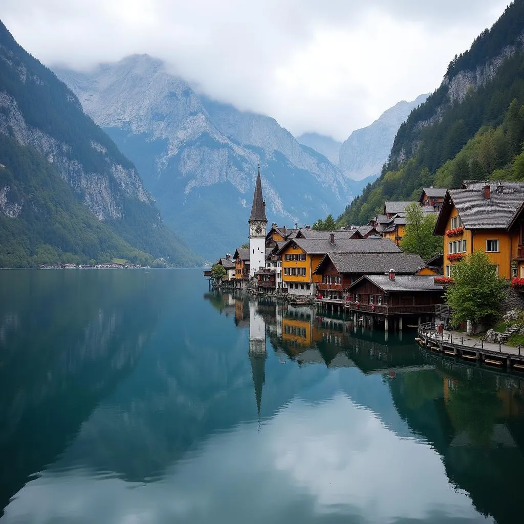 Hallstatt village nestled by the lake