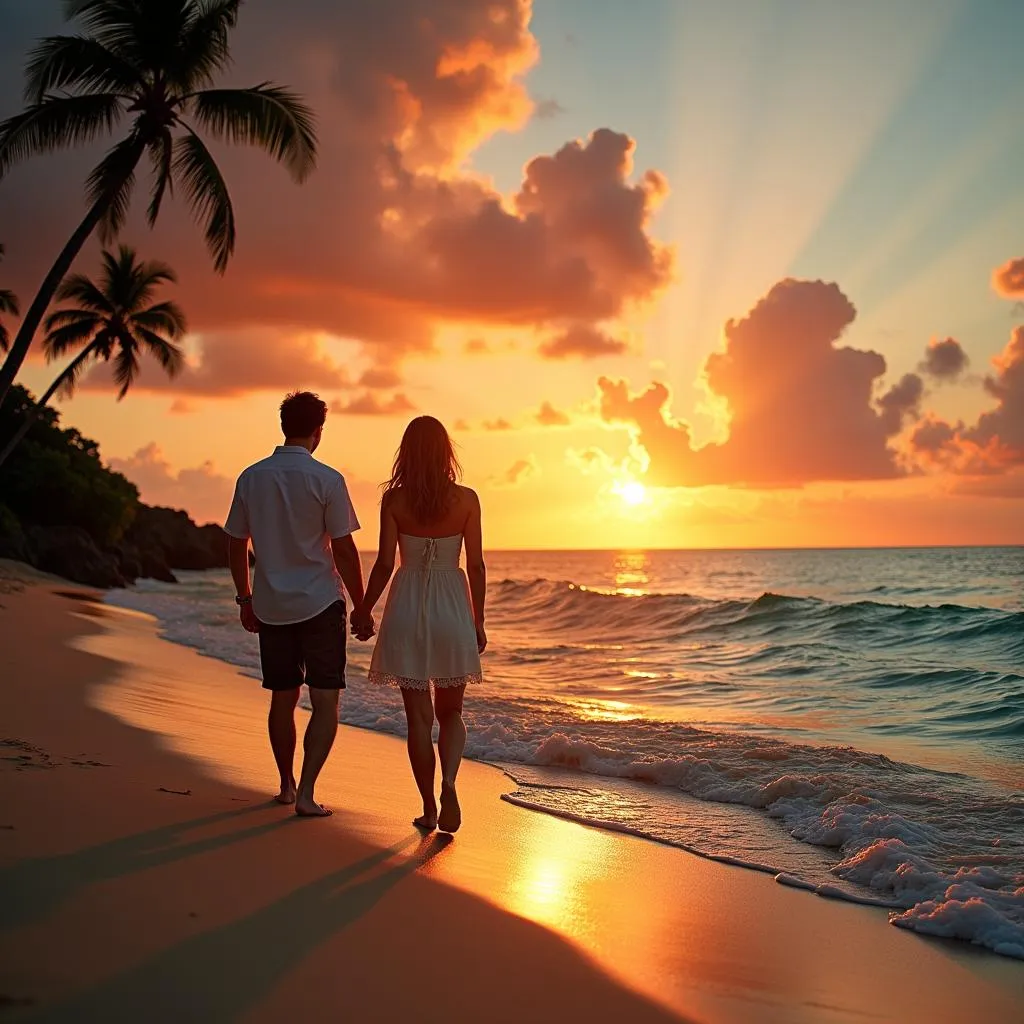 Couple Enjoying Sunset on Hawaiian Beach