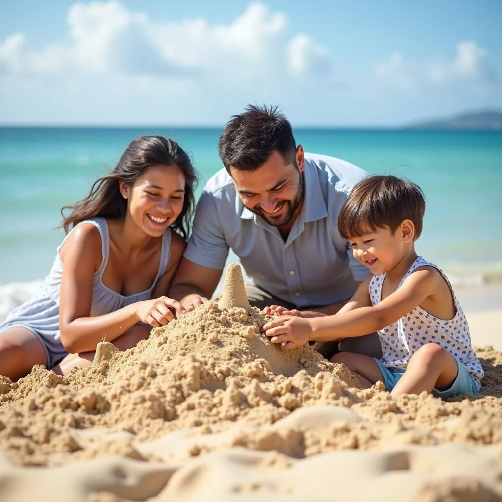 Family Building Sandcastle on Hawaiian Beach