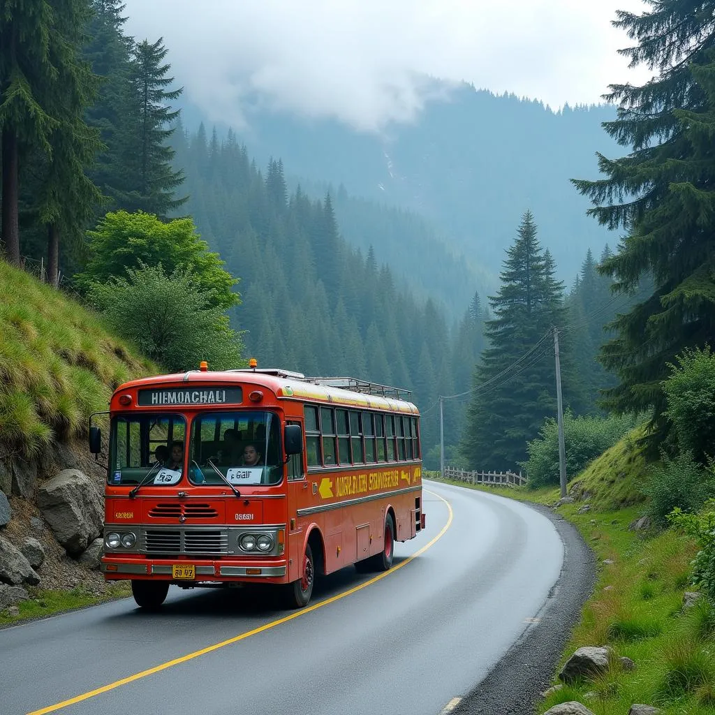 Himachali Bus on Winding Mountain Road to Manali